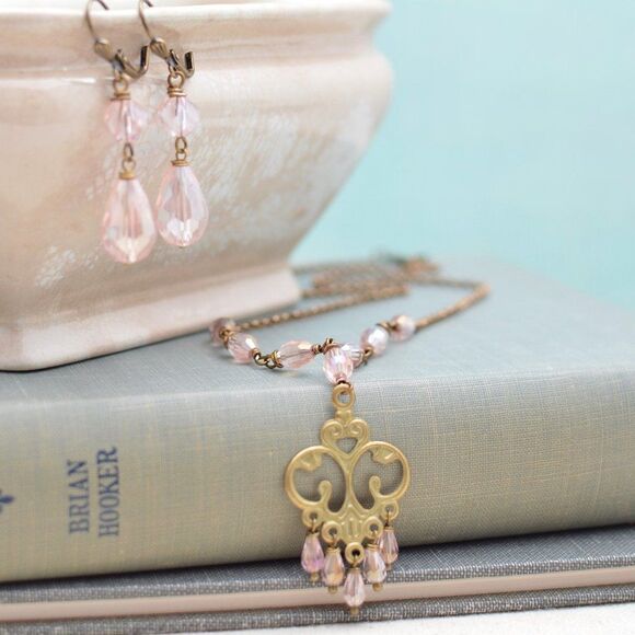 Hand Crafted Jewelry - Pink Art Nouveau Necklace and Earrings Set